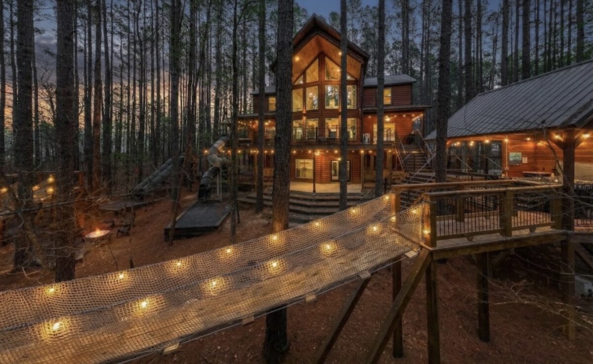 Towering Pines — a log cabin among tall pines with a lit rope bridge and slide
